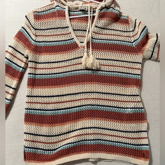 Roxy Striped V-Neck Hooded Knit Sweater with Tassel Ties - Cream & Rust - Picture 6 of 7